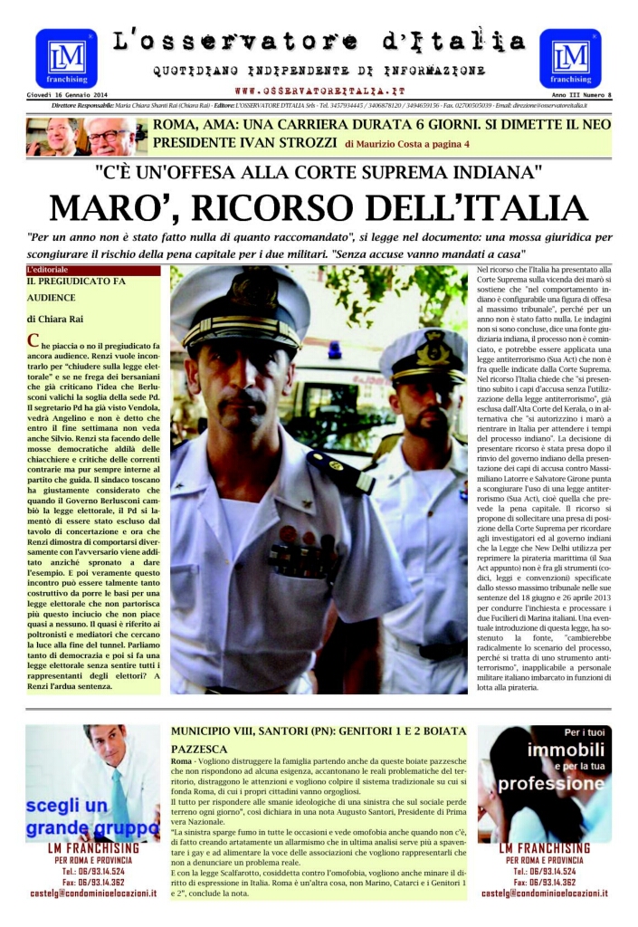 L'osservatore d'Italia edizione del 16 Gennaio 2014